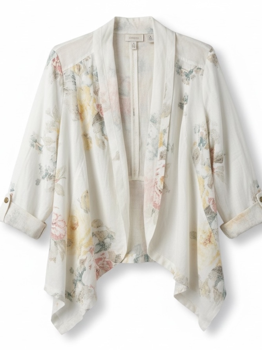 Chico's Francesca Pastel Floral 100% Linen Drape Open Front Jacket Size 2 Large